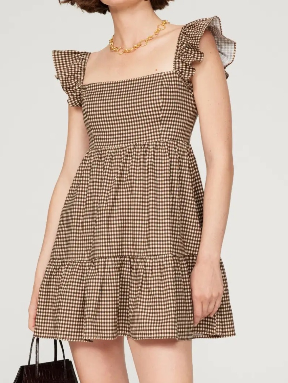 Reformation Jeune Dress Size 10 Brown White Gingham Ruffle Mini Dress